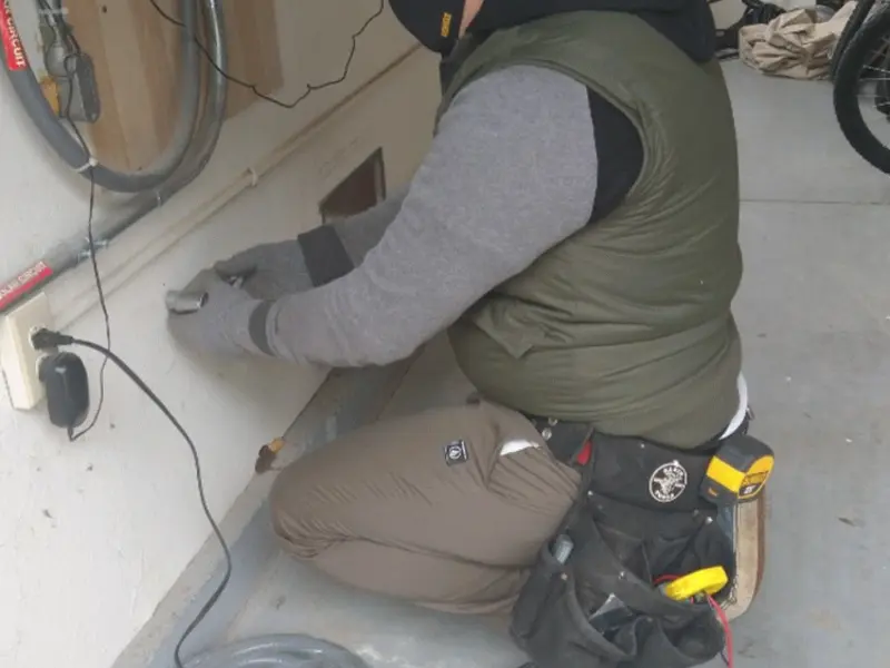Electrician performing outlet wiring in a Carmi garage